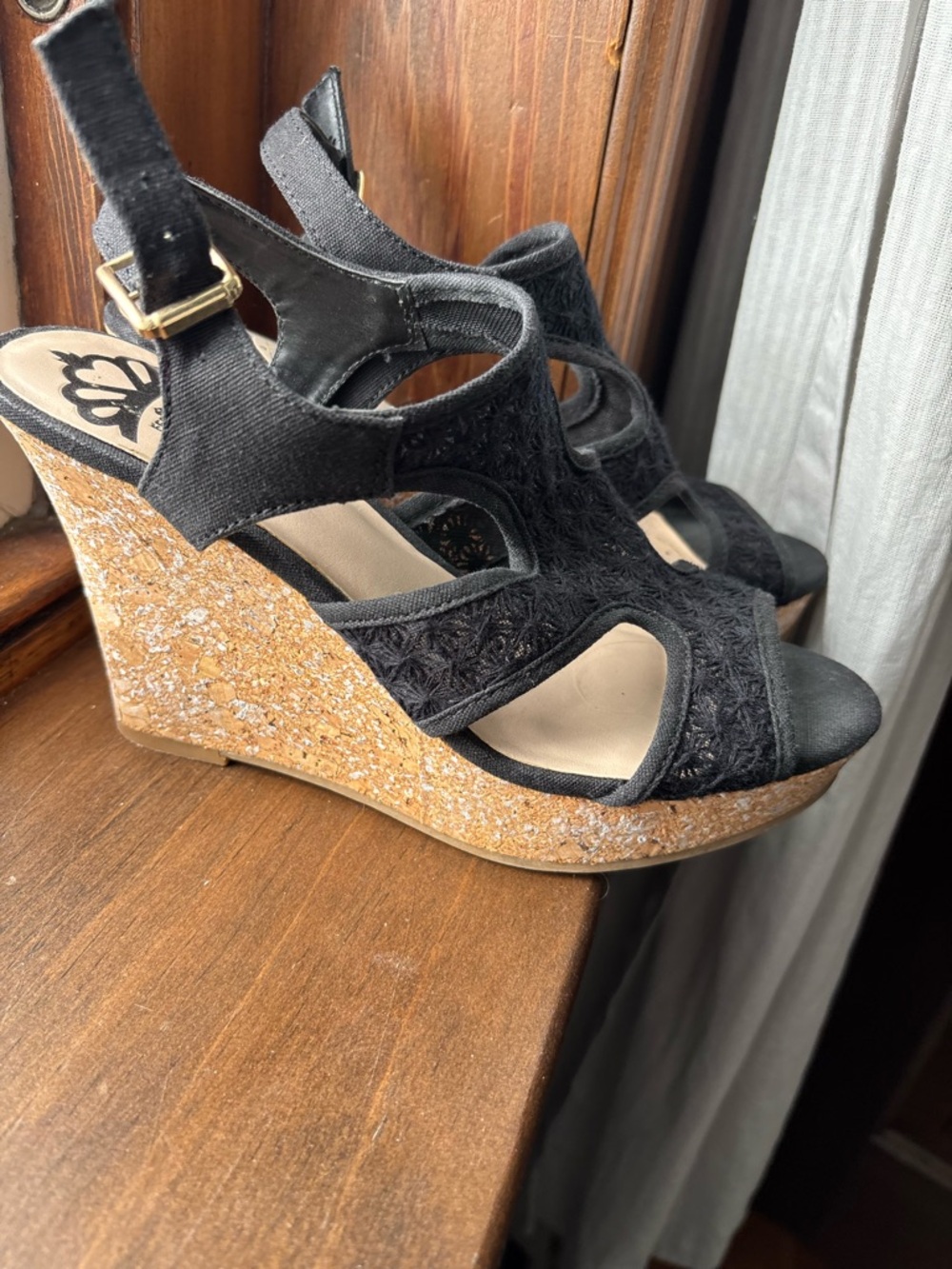 Black Lace Slingback Cork Wedge Sandals